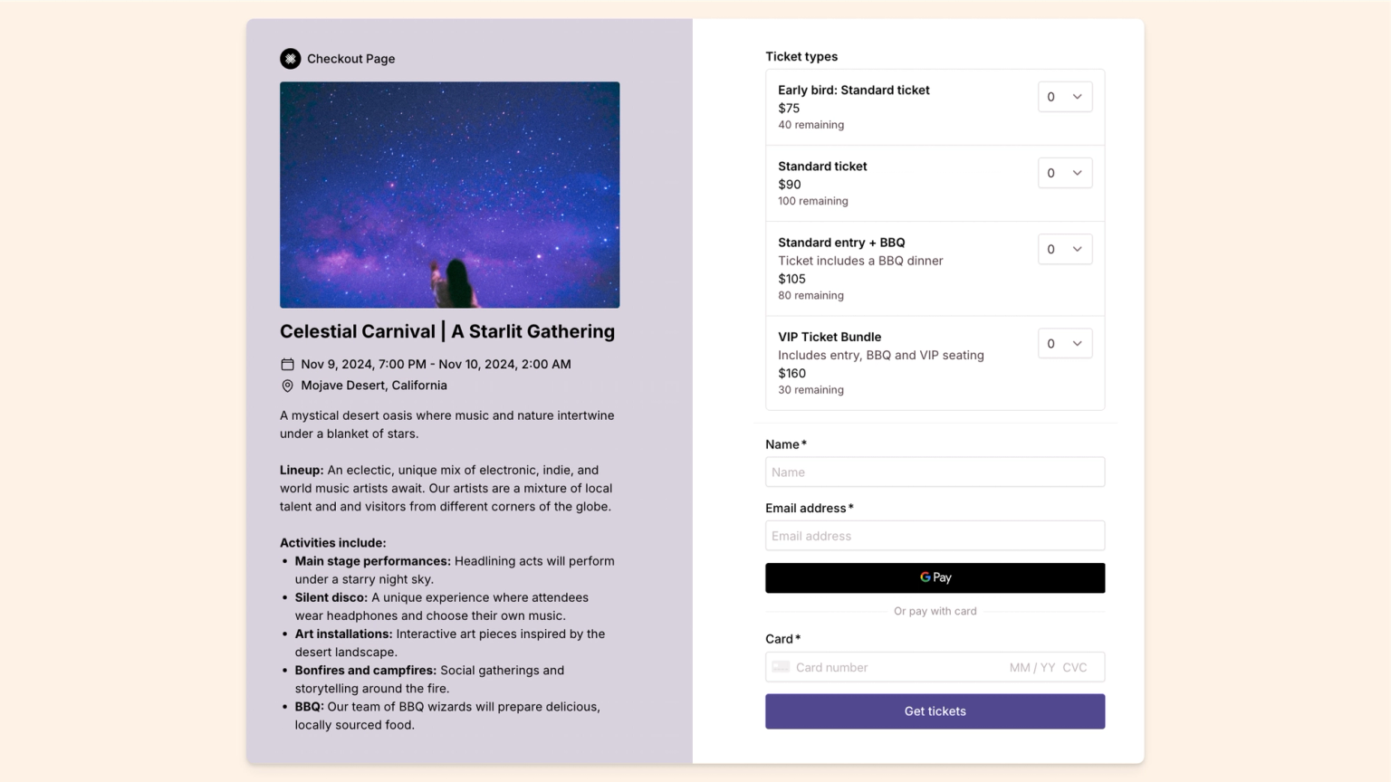 Checkout Page form enabling you to preview your event page