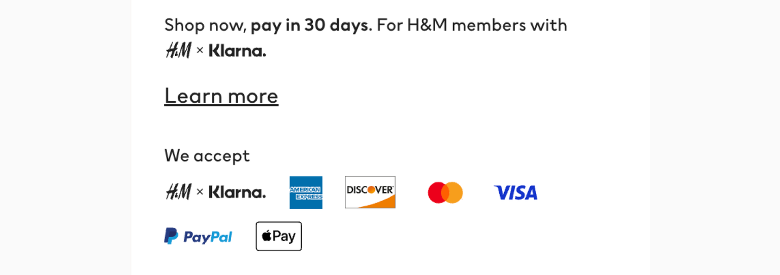 Payment methods offered by H&M USA