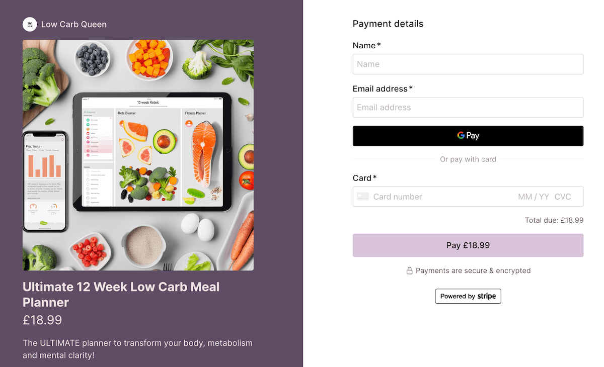 Checkout Page preview of meal planner and payment form