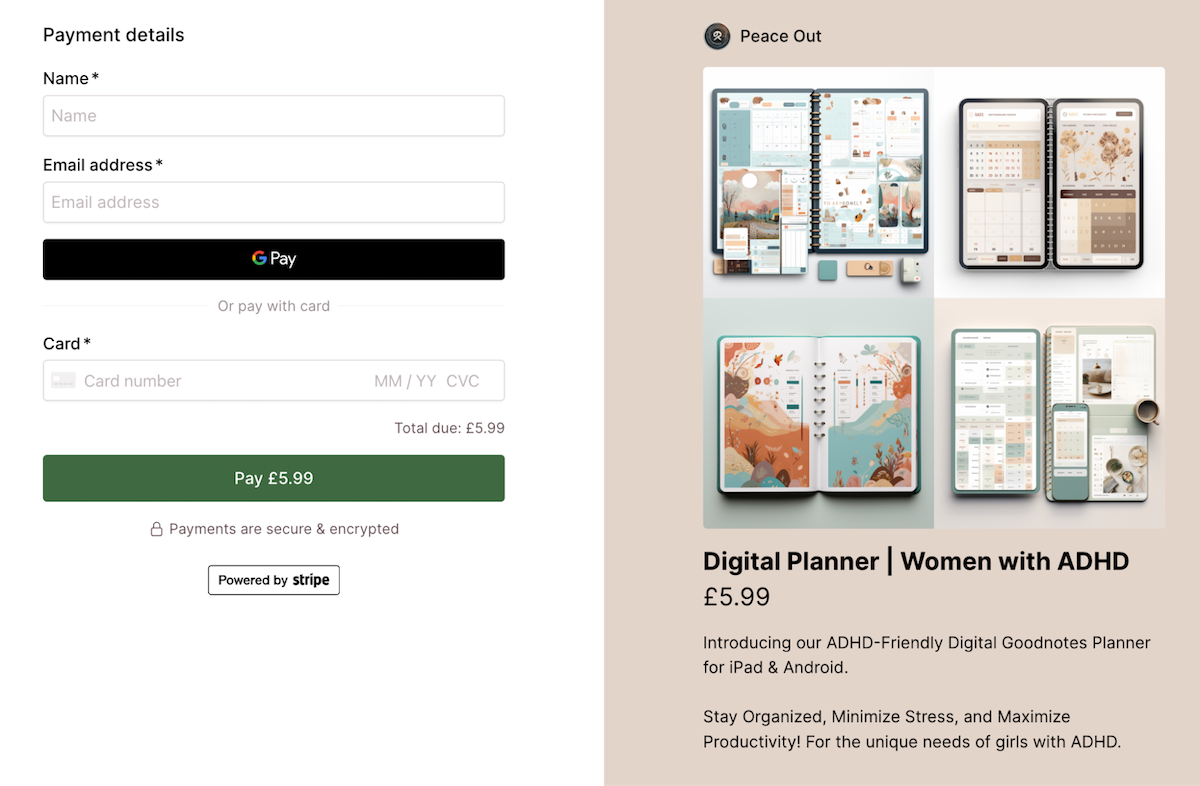A Checkout Page with a digital planner for download, with simple payment form