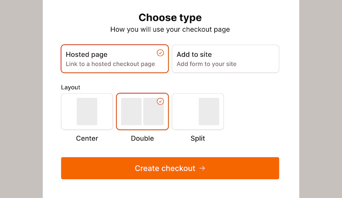 Checkout Page form enabling you to select from hosted page or embed code