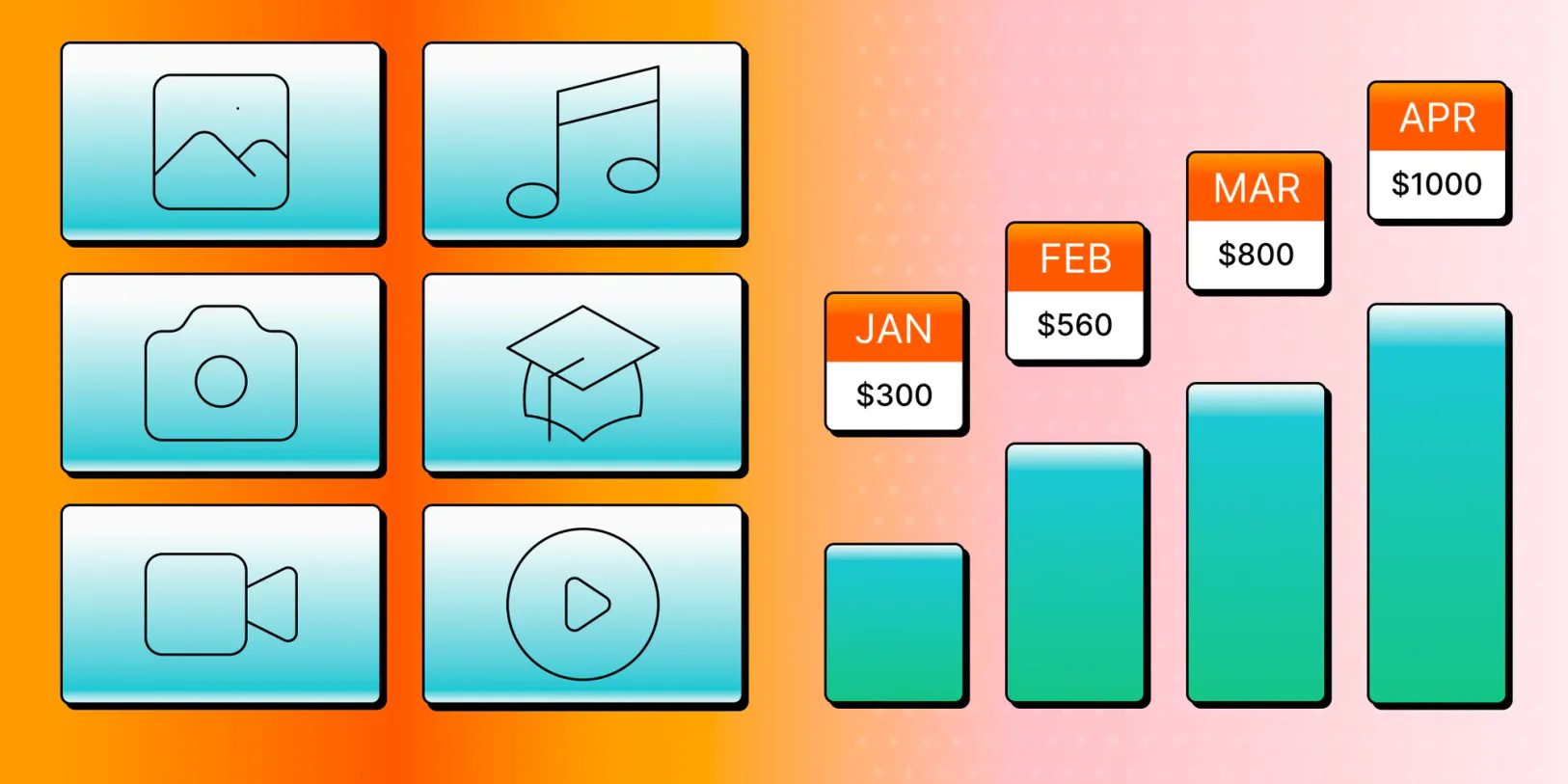 Display of icons and colorful charts with calendar months