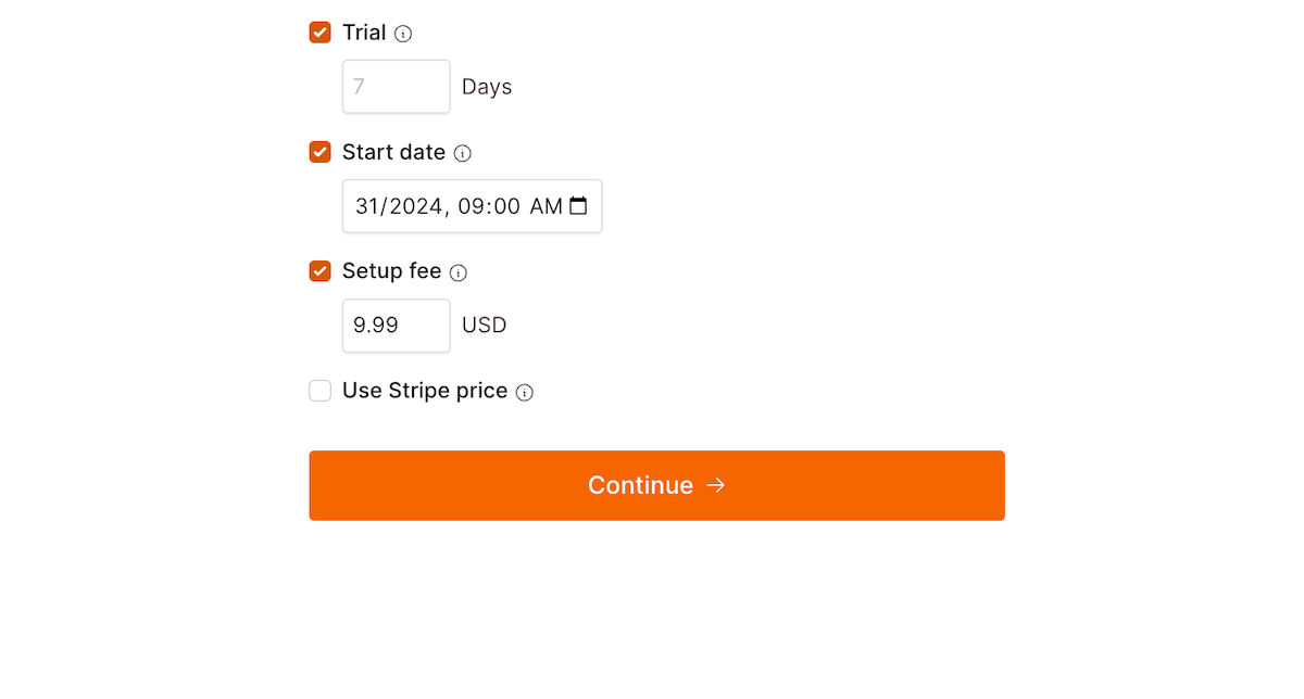 Form allowing you to setup free trial duration and setup fee.