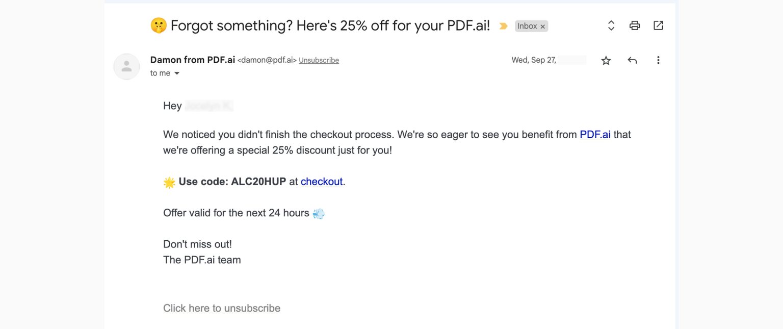 Example recovery email (ecommerce checkout)