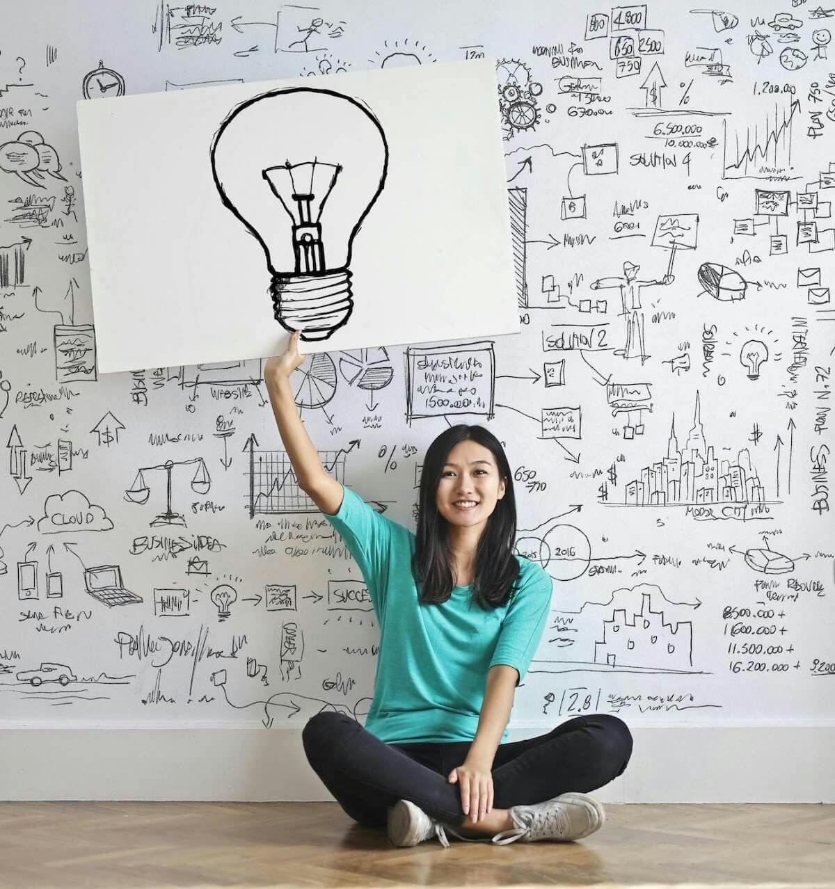 Young woman sits holding a lightbulb sign above her head, in front of a wall covered in scribbled ideas