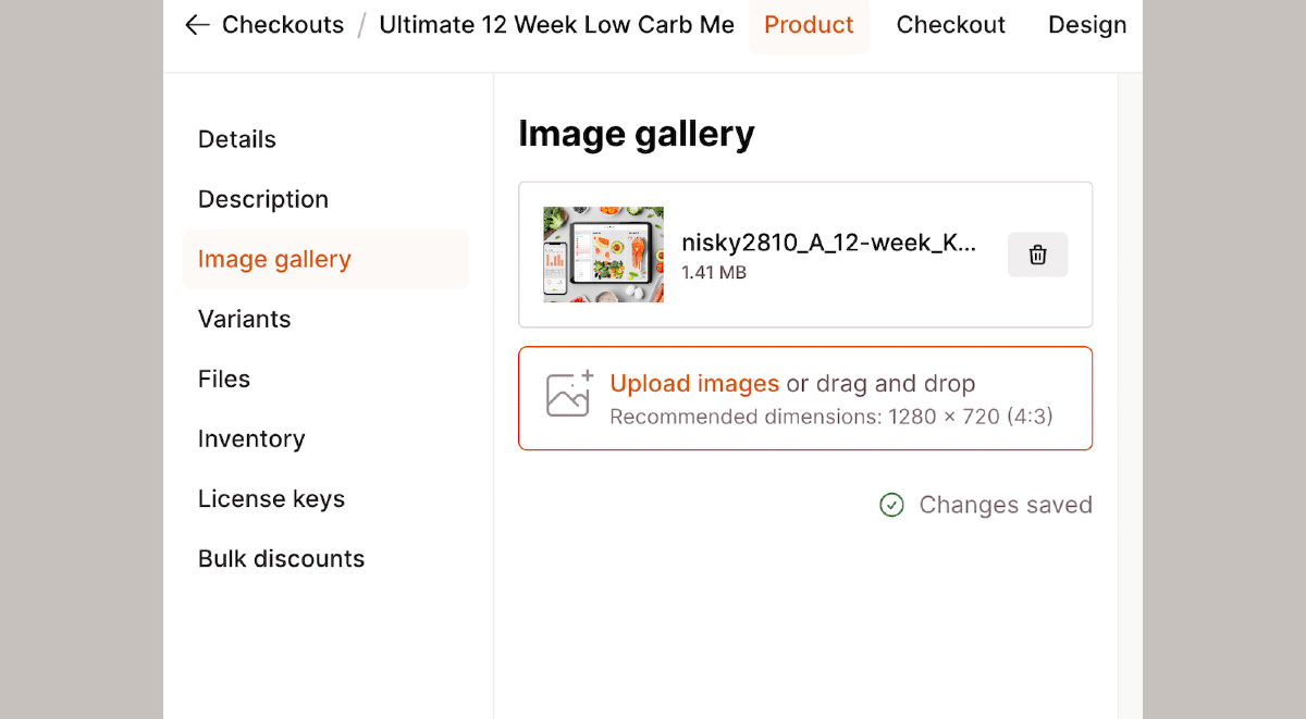 Checkout Page form showing images uploaded for a product page