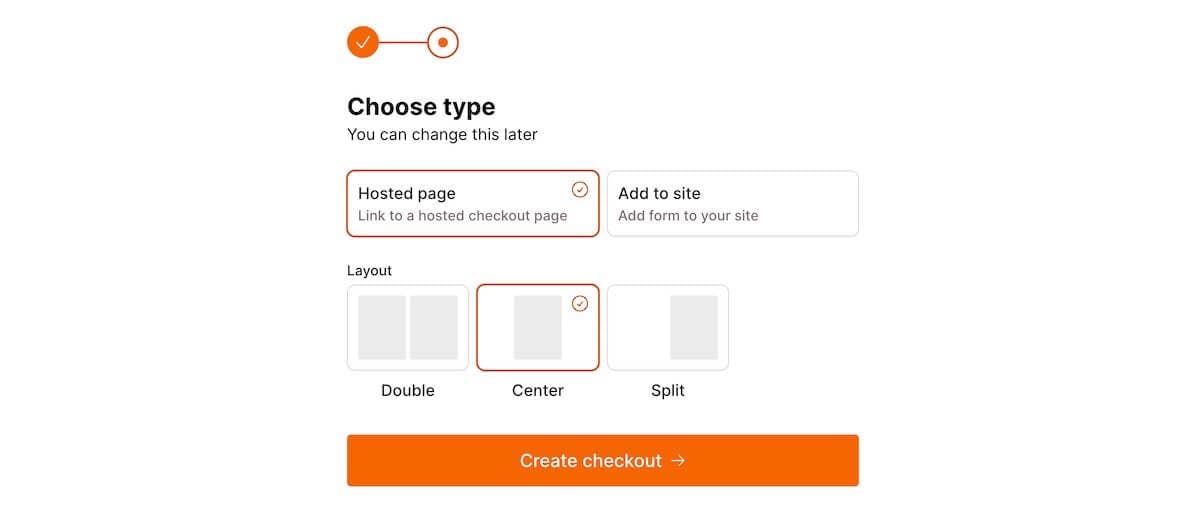 Checkout Page form enabling you to choose a page type, either a hosted page or embeddable page