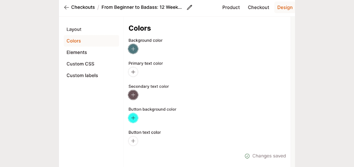 Checkout Page form allowing you to change the colors of different page elements