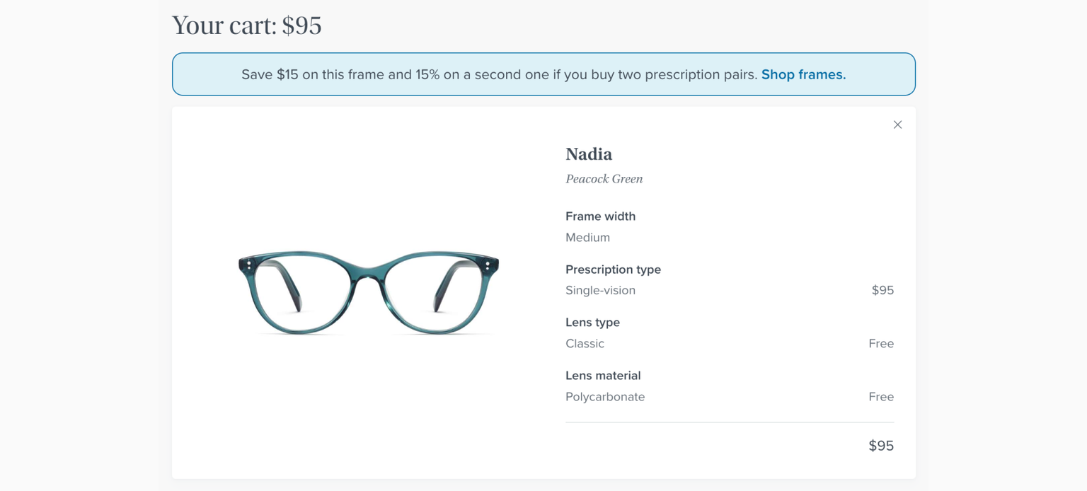 Warby Parker upsell at checkout