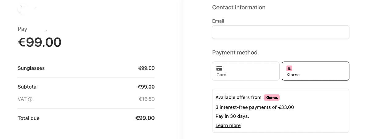 Screenshot showing Stripe Checkout page offering Klarna as a payment method.