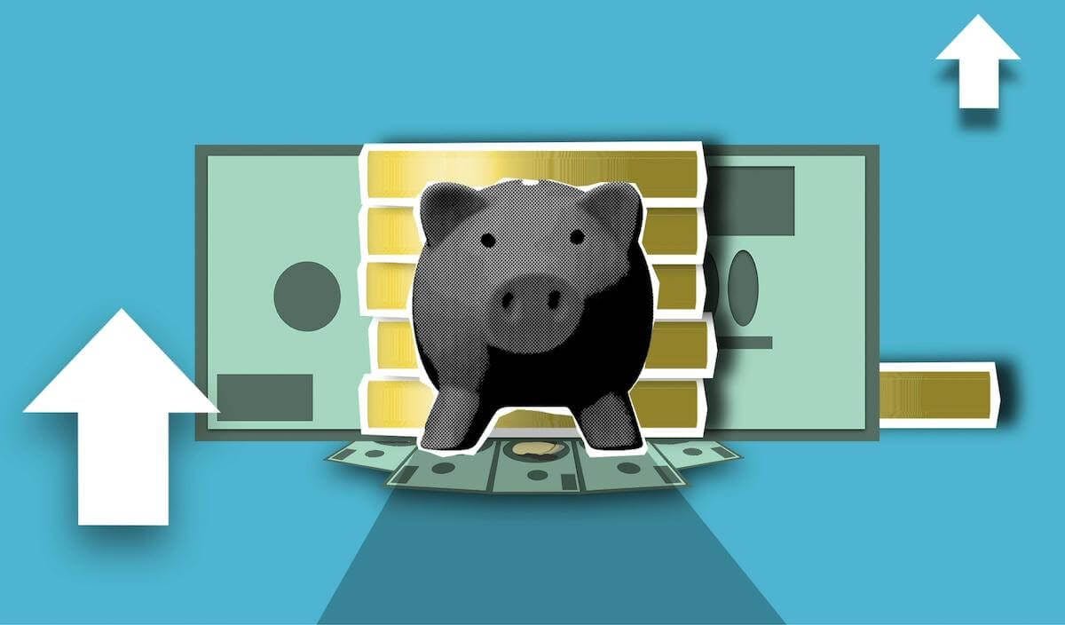 Illustrated image of a piggy bank, coins, bank notes and upward pointing arrows.