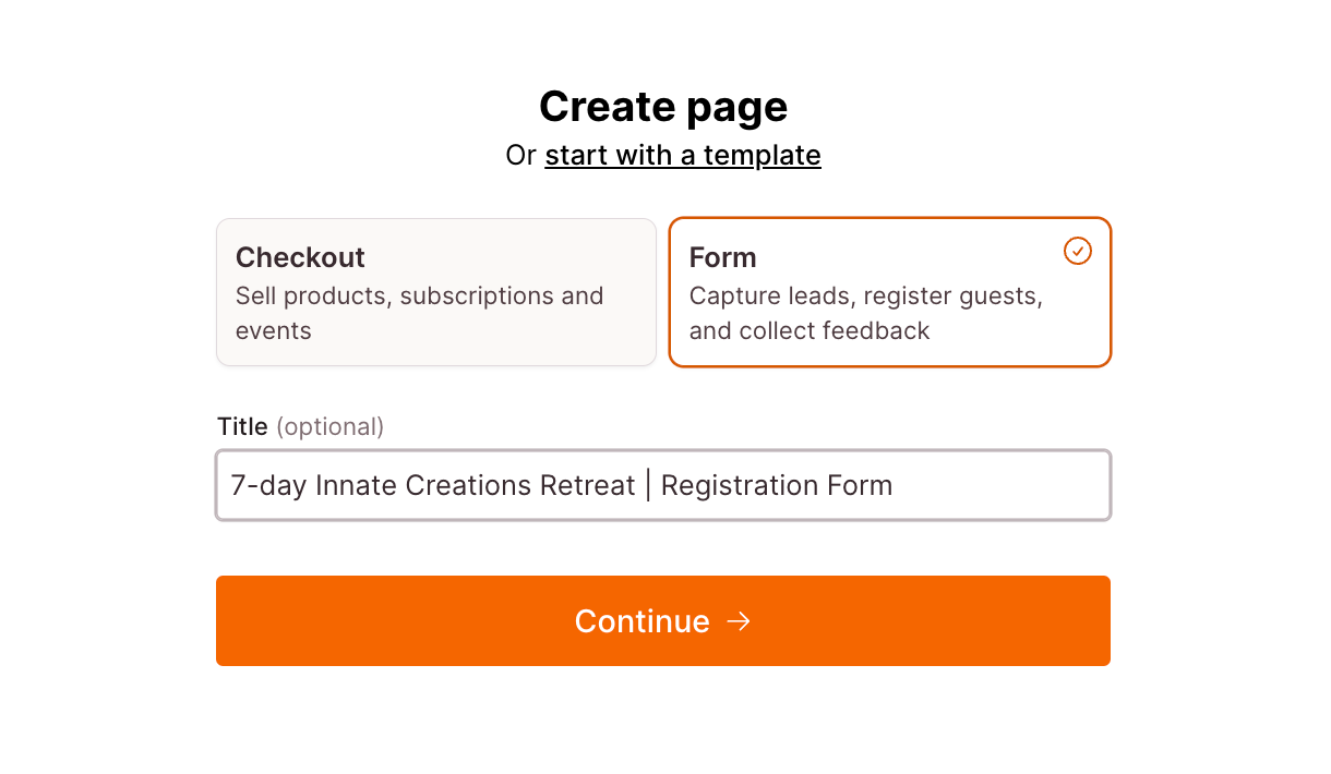Checkout Page form enabling you to create and name your page