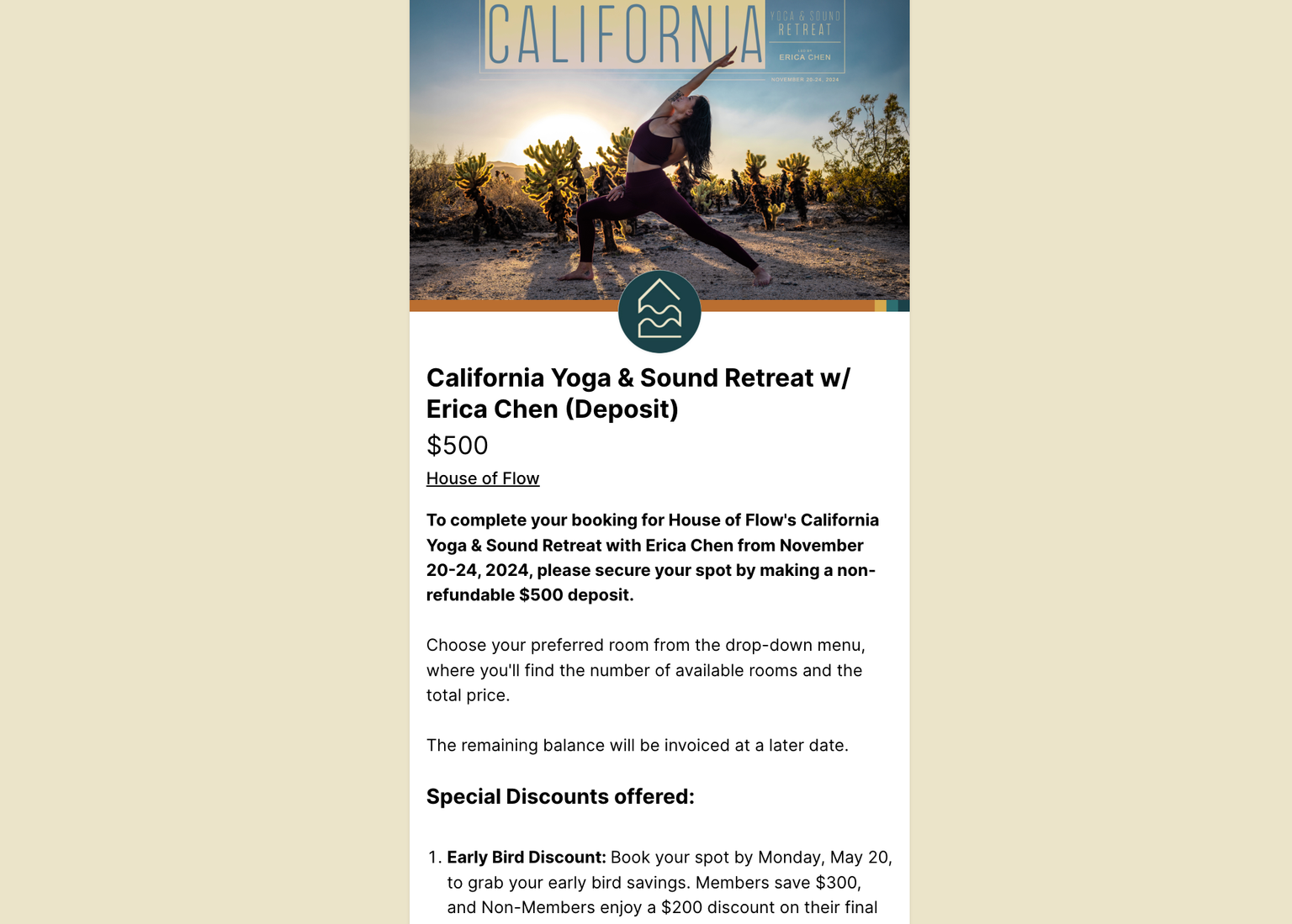 Screenshot of House of Flow's checkout page selling a yoga and sound retreat