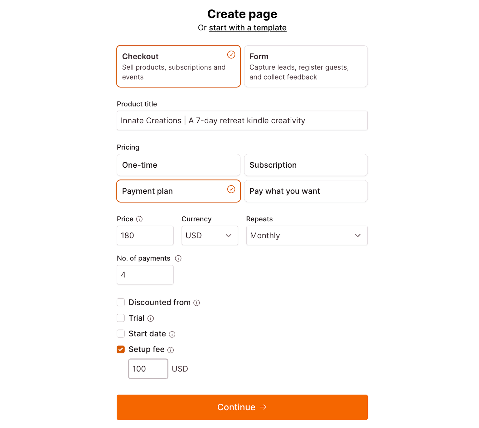 Simple Checkout Page form enabling you to crate a page, title and select a payment type