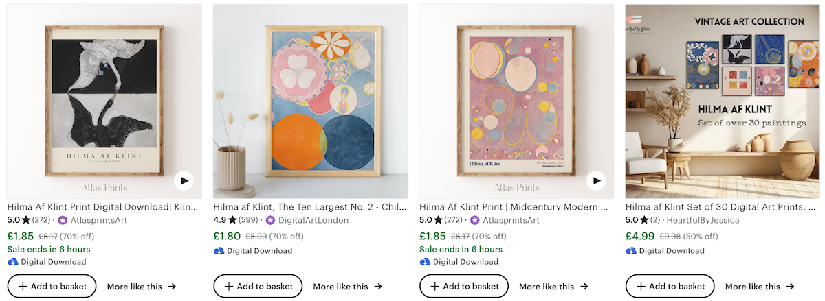 Screenshot of Etsy marketplace showing a selection of digital wall art from different sellers
