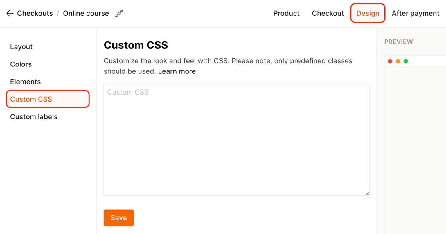 Checkout editor view for the Custom CSS section