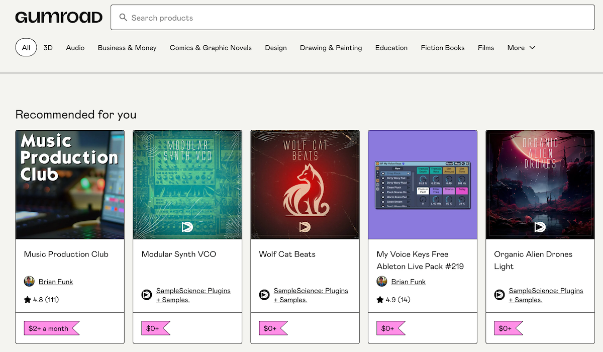 Screenshot of Gumroad home page, displaying various digital music products