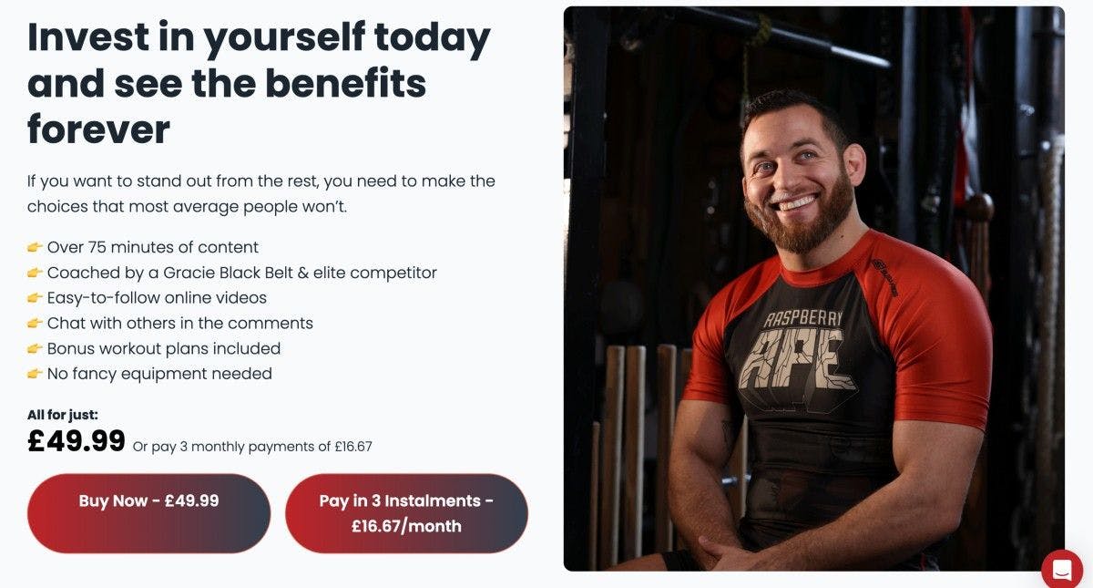 Checkout Page screen for an online course by fitness influencer Raspberry Ape