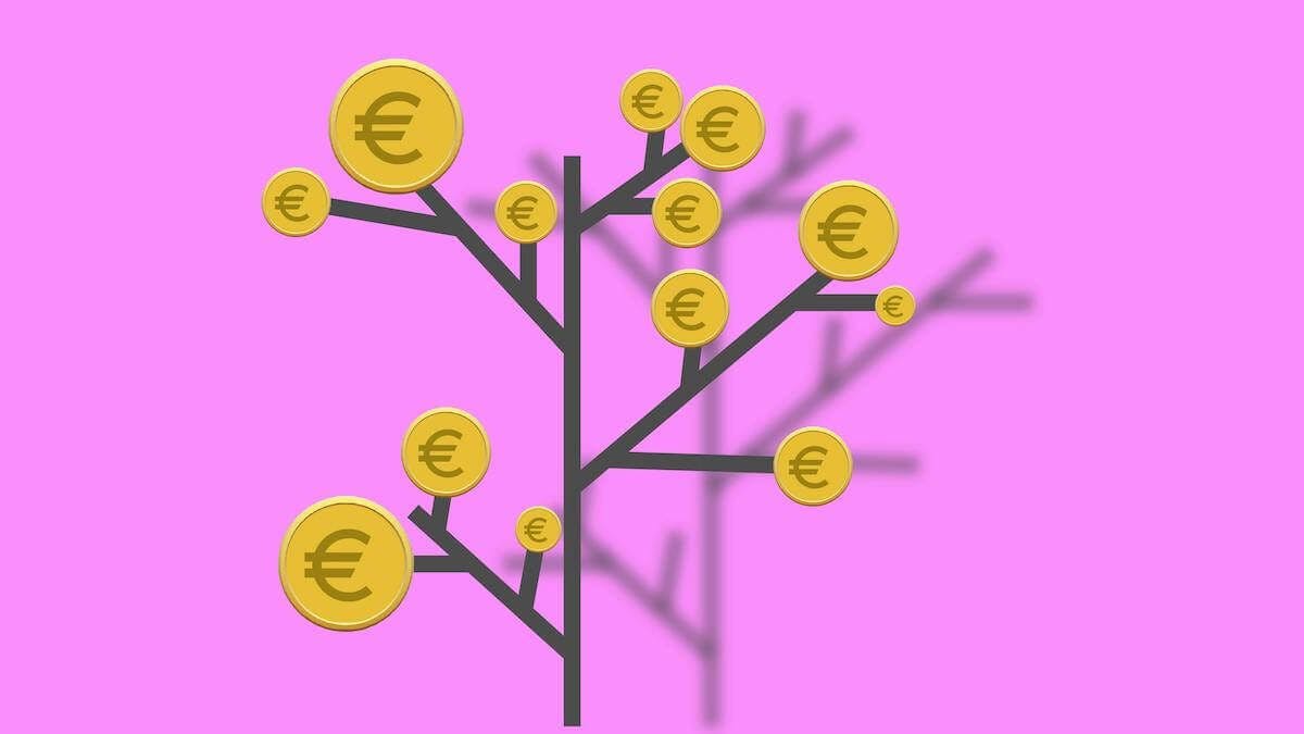 Abstract image showing a tree-like branching lines, and Euro coins at the end of each of the branches.
