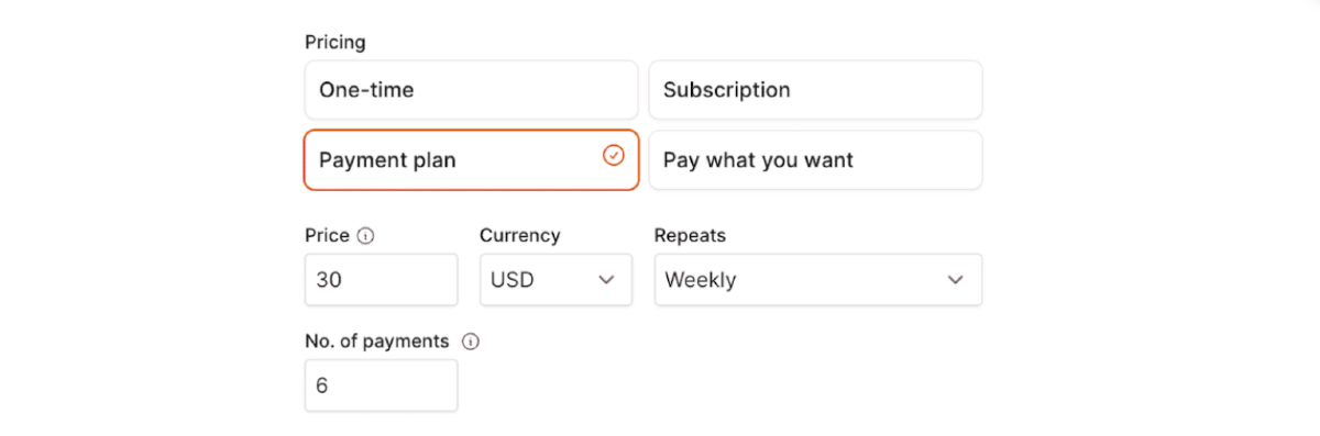 Screenshot of Checkout Page payment plan setup form