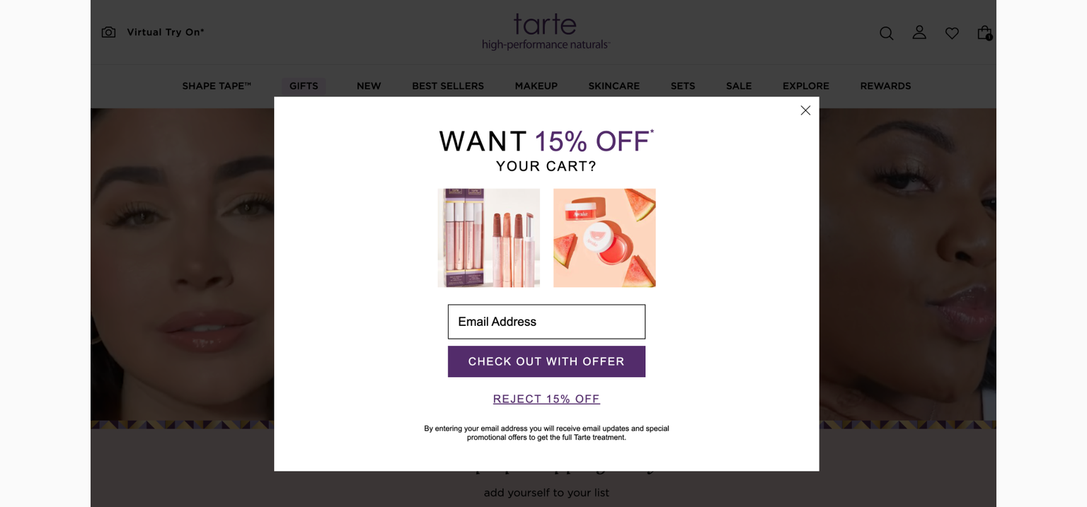 Email signup discount popup by tartecostmetics.com