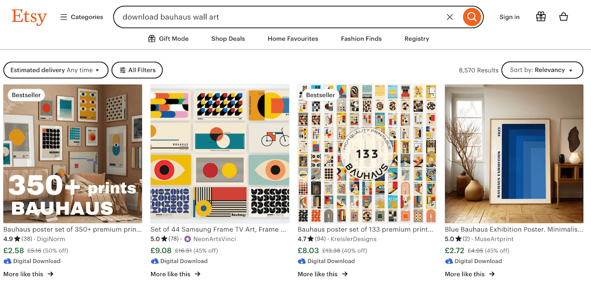 Image of Etsy marketplace showing downloadable wall art