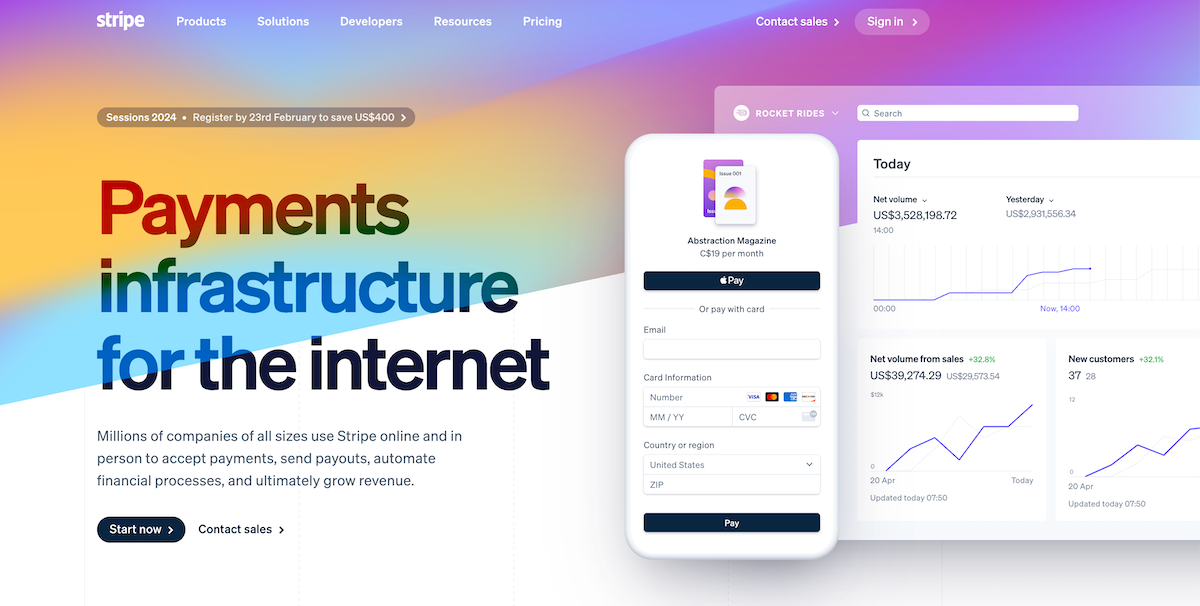 Image from Stripe website showing text 'Payments infrastructure for the internet'