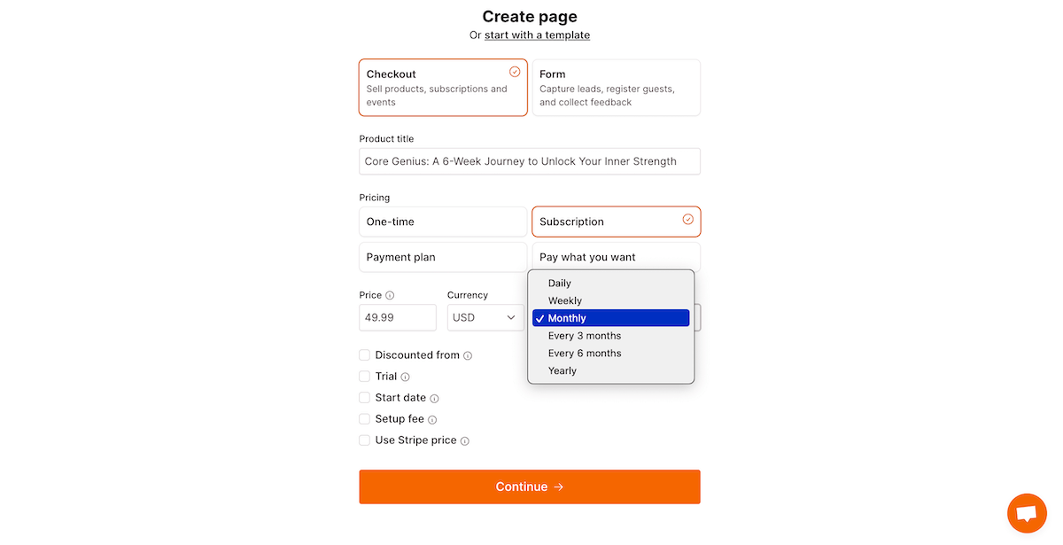 Checkout Page form enabling you to setup your payment plan.
