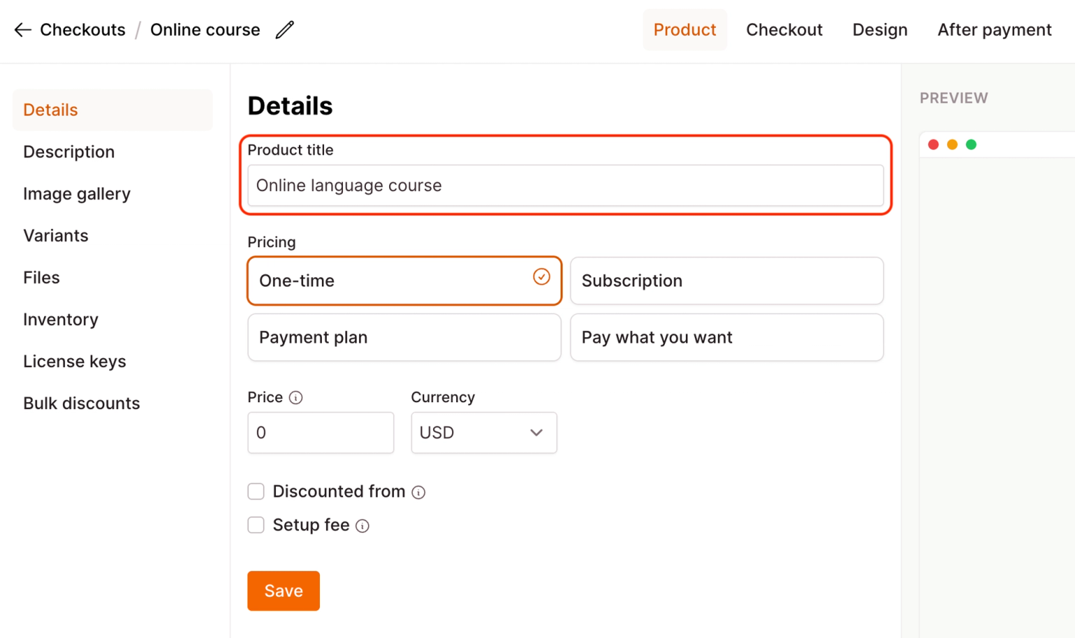 Highlighted Product title field in the checkout editor