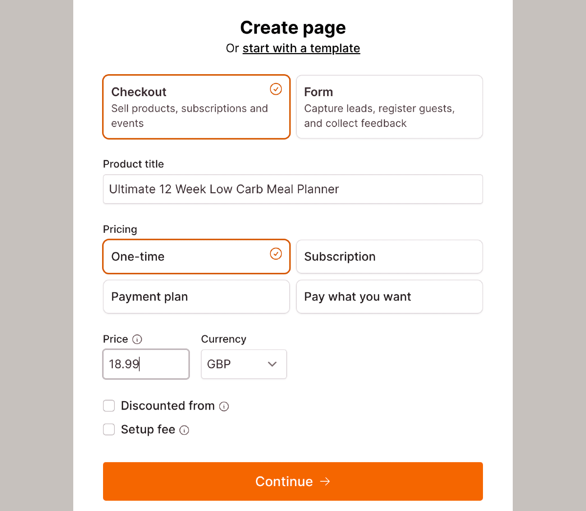 Checkout Page form enabling start creating a page