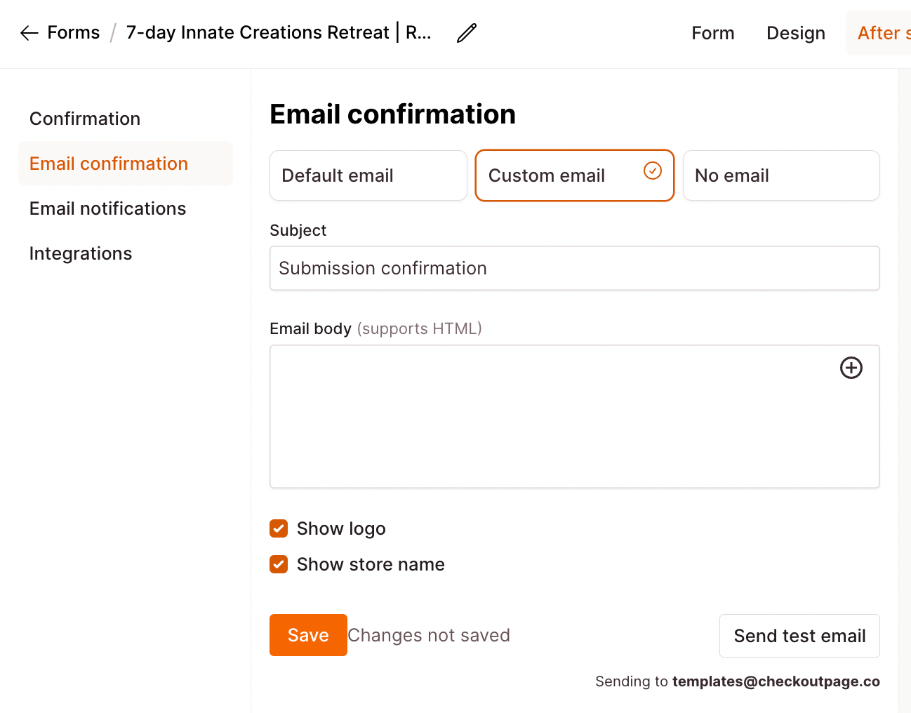 Checkout Page form enabling you to customize your form confirmation email 