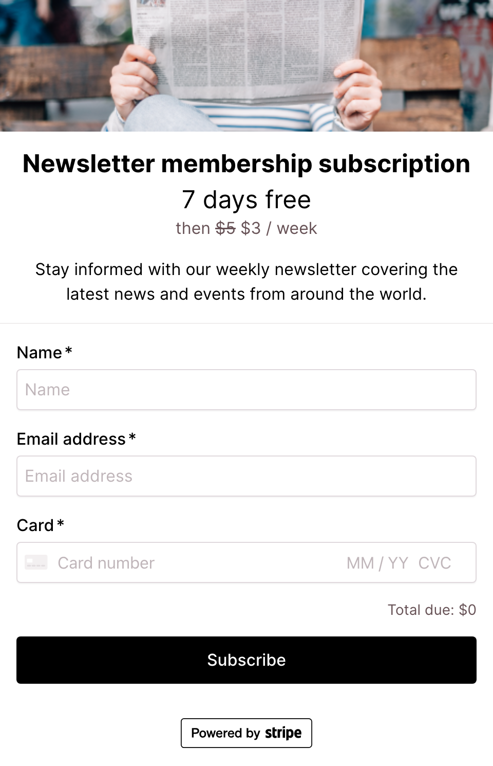 Newsletter membership checkout form