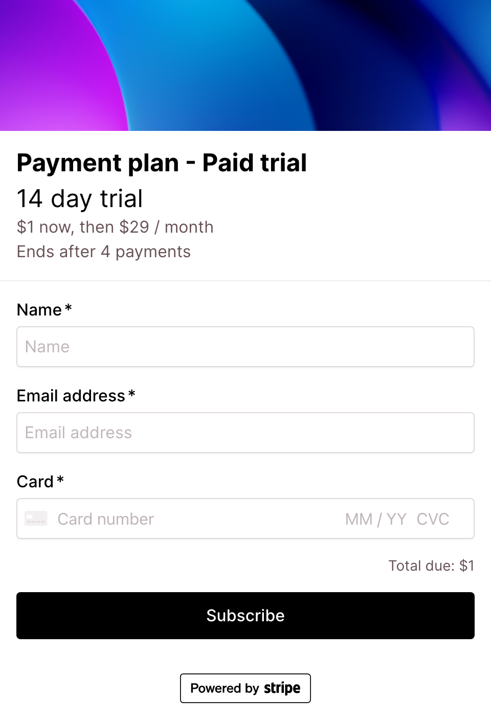 Paid trial payment plan checkout form