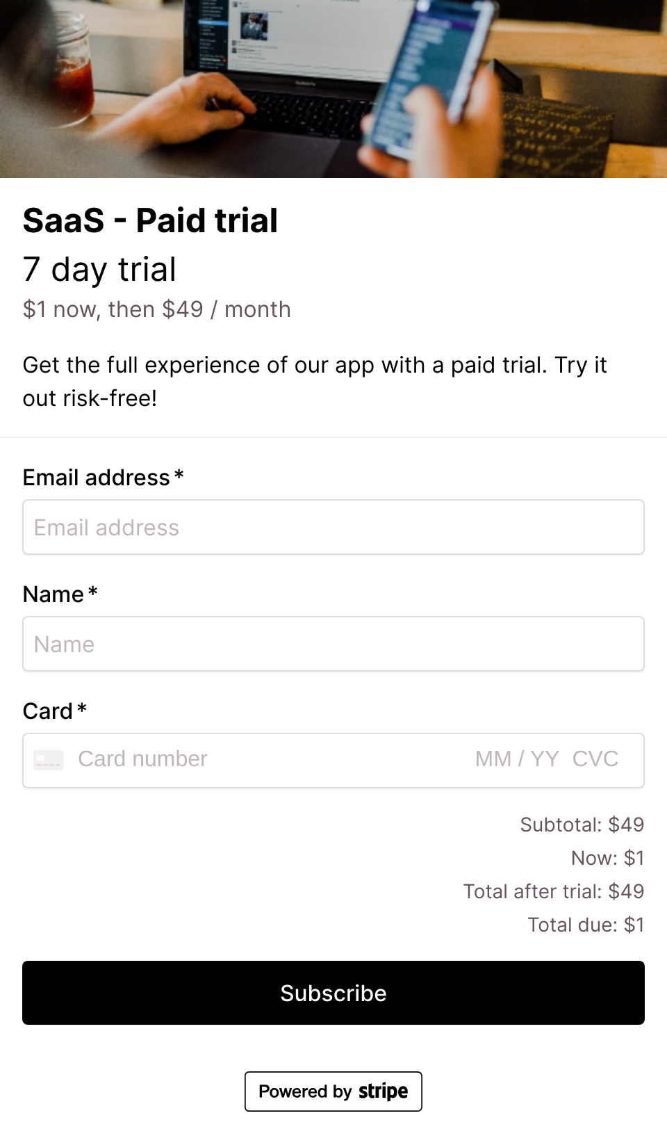 SaaS paid trial checkout form