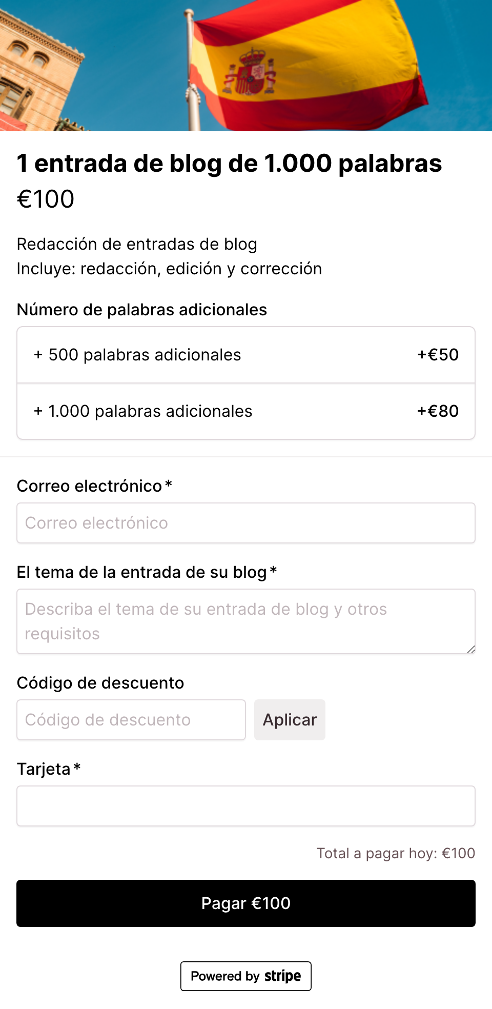 Spanish translated checkout form