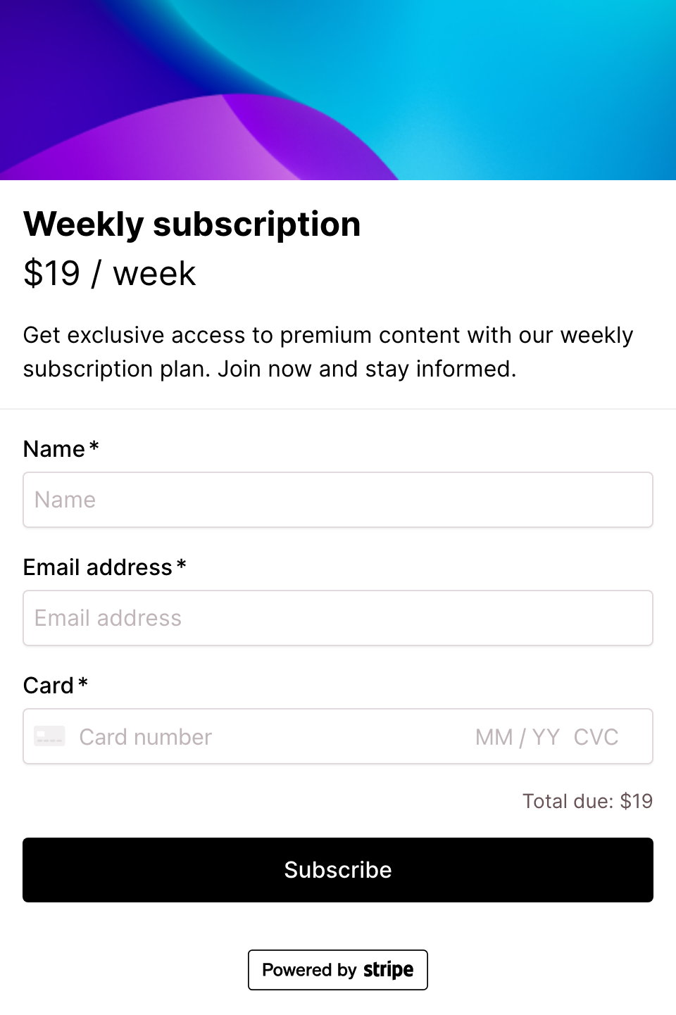 Weekly subscription checkout form