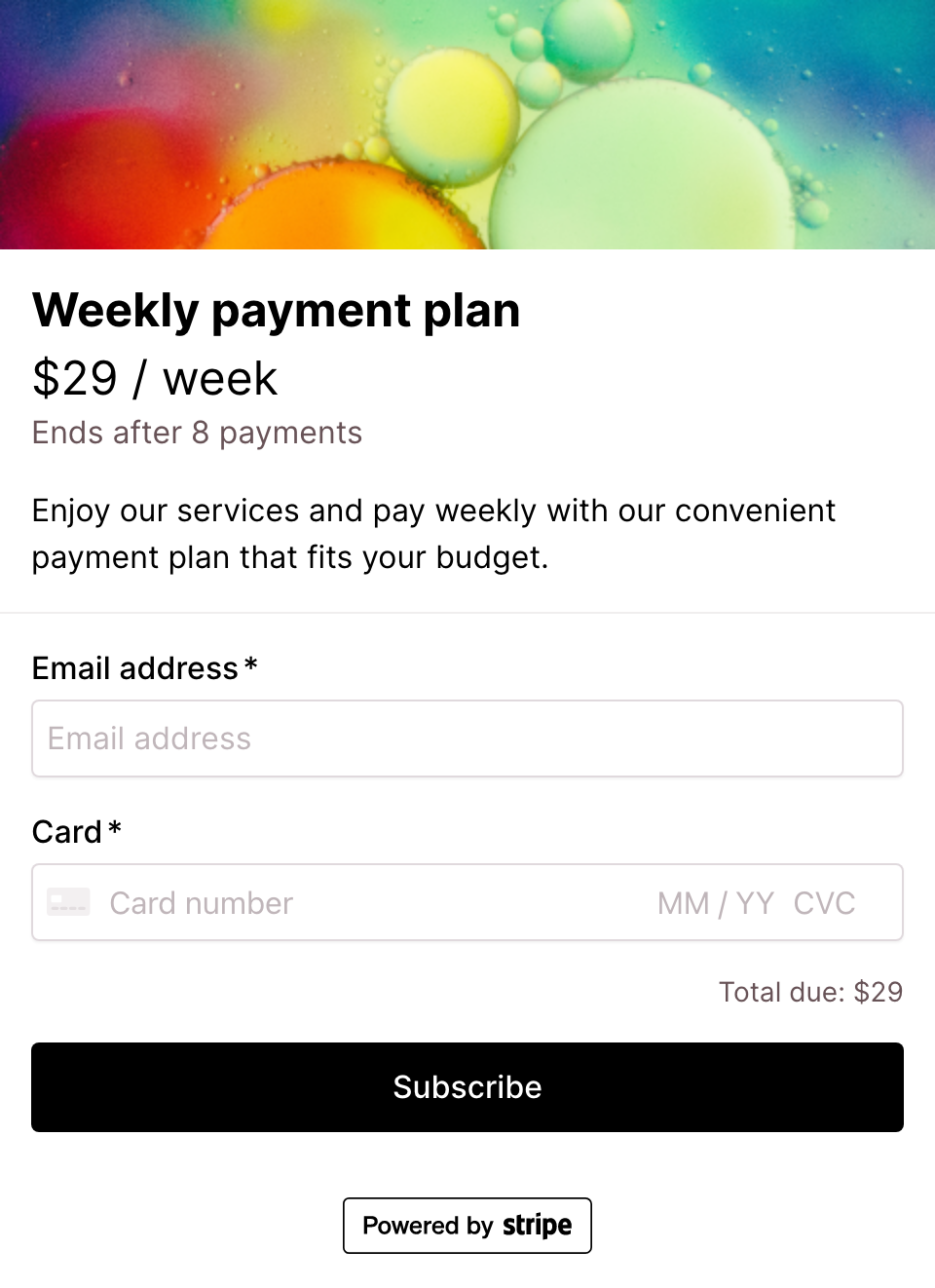 Weekly payment plan checkout form