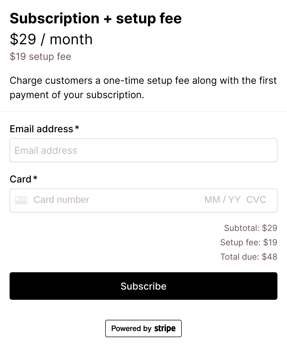 Subscription with setup fee checkout form