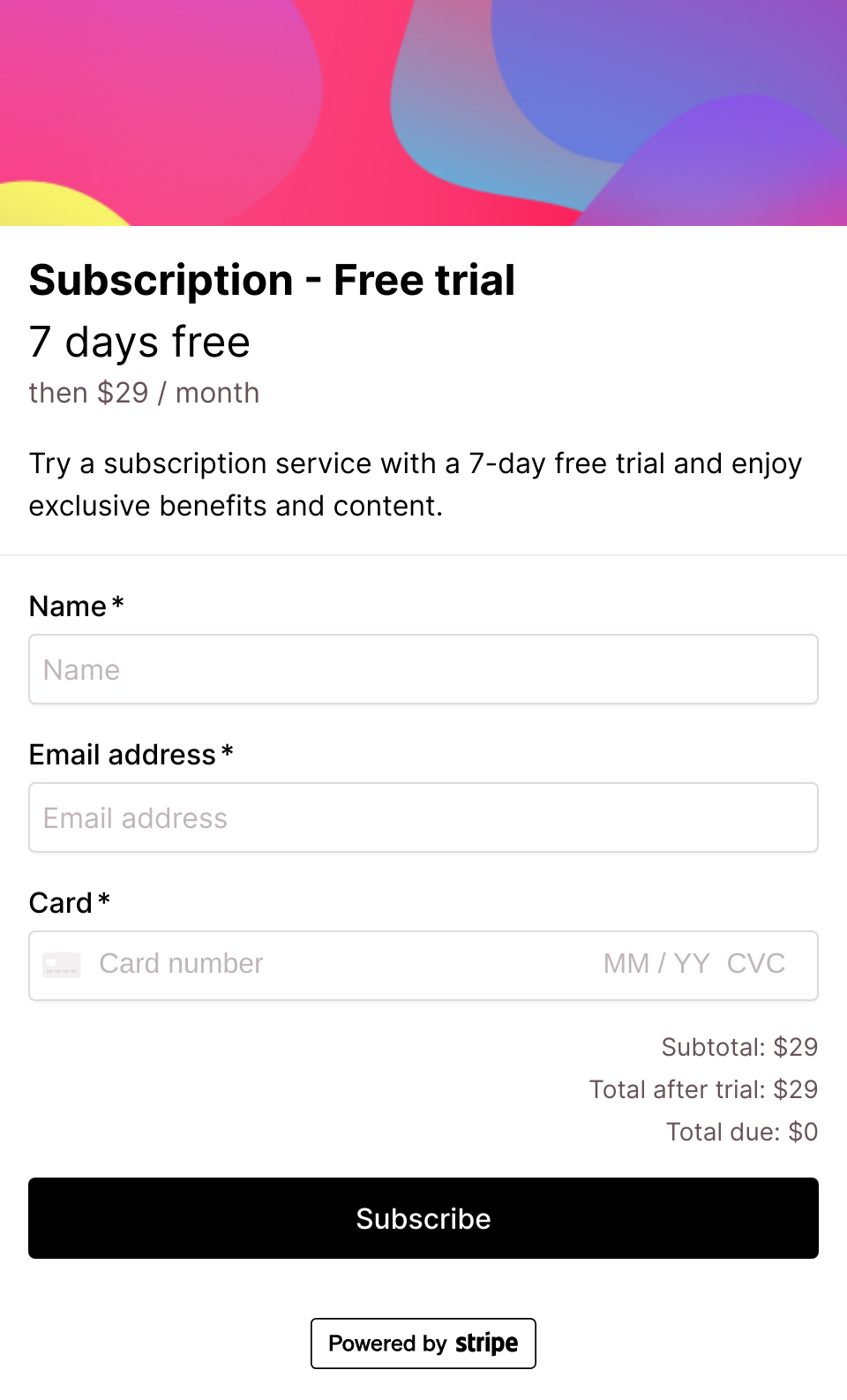 Subscription free trial checkout form