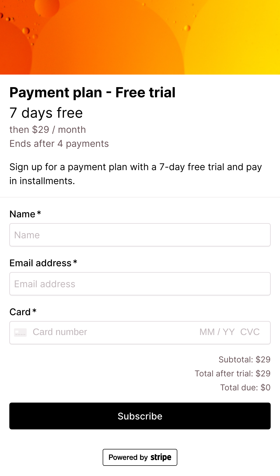Payment plan free trial checkout form