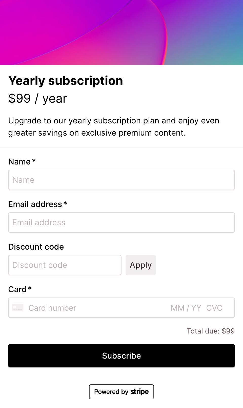 Yearly subscription checkout form