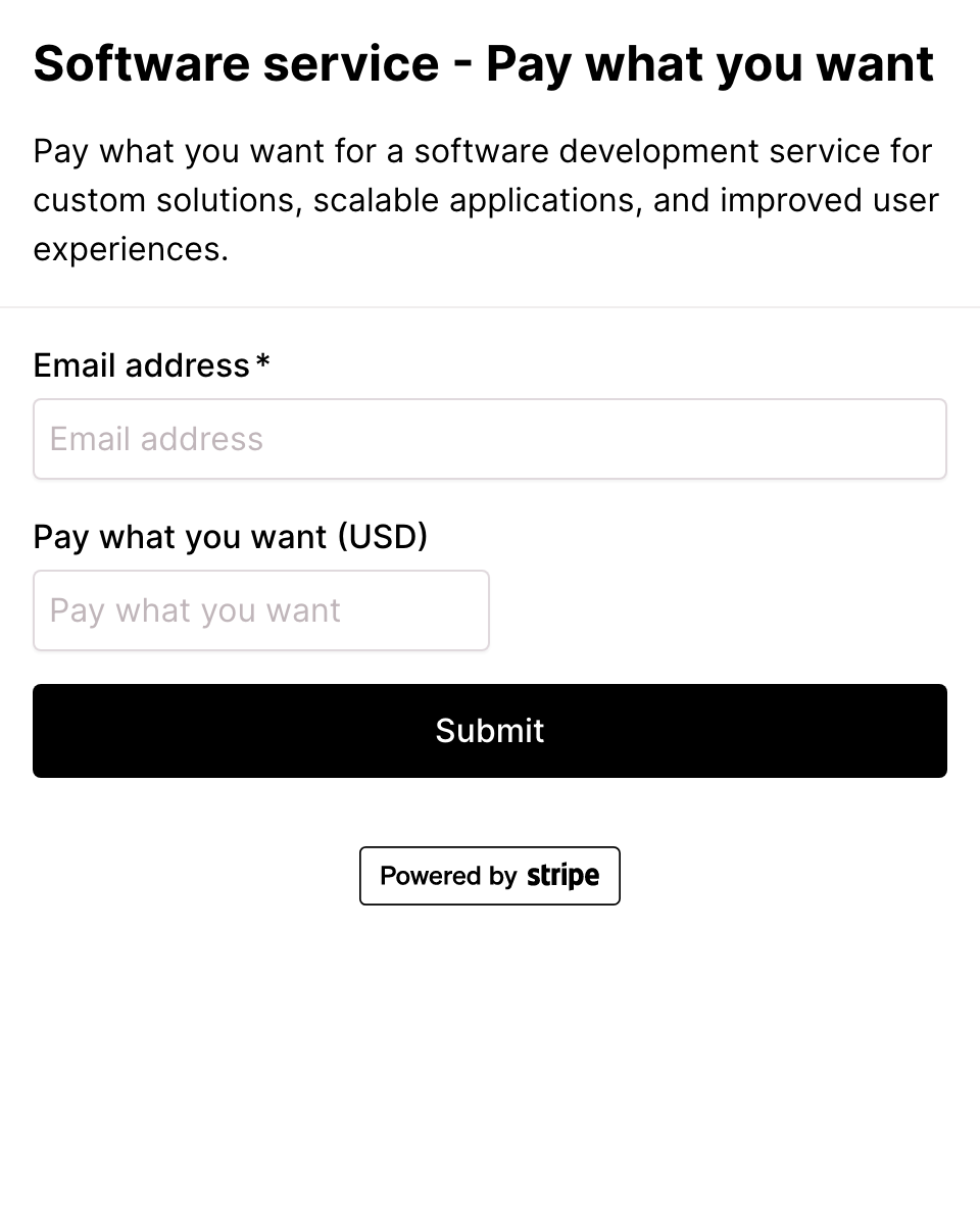 Software service pay what you want checkout form