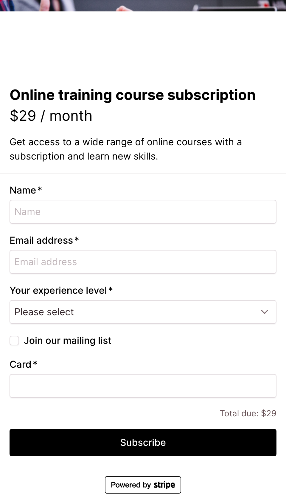 Online training course subscription checkout form