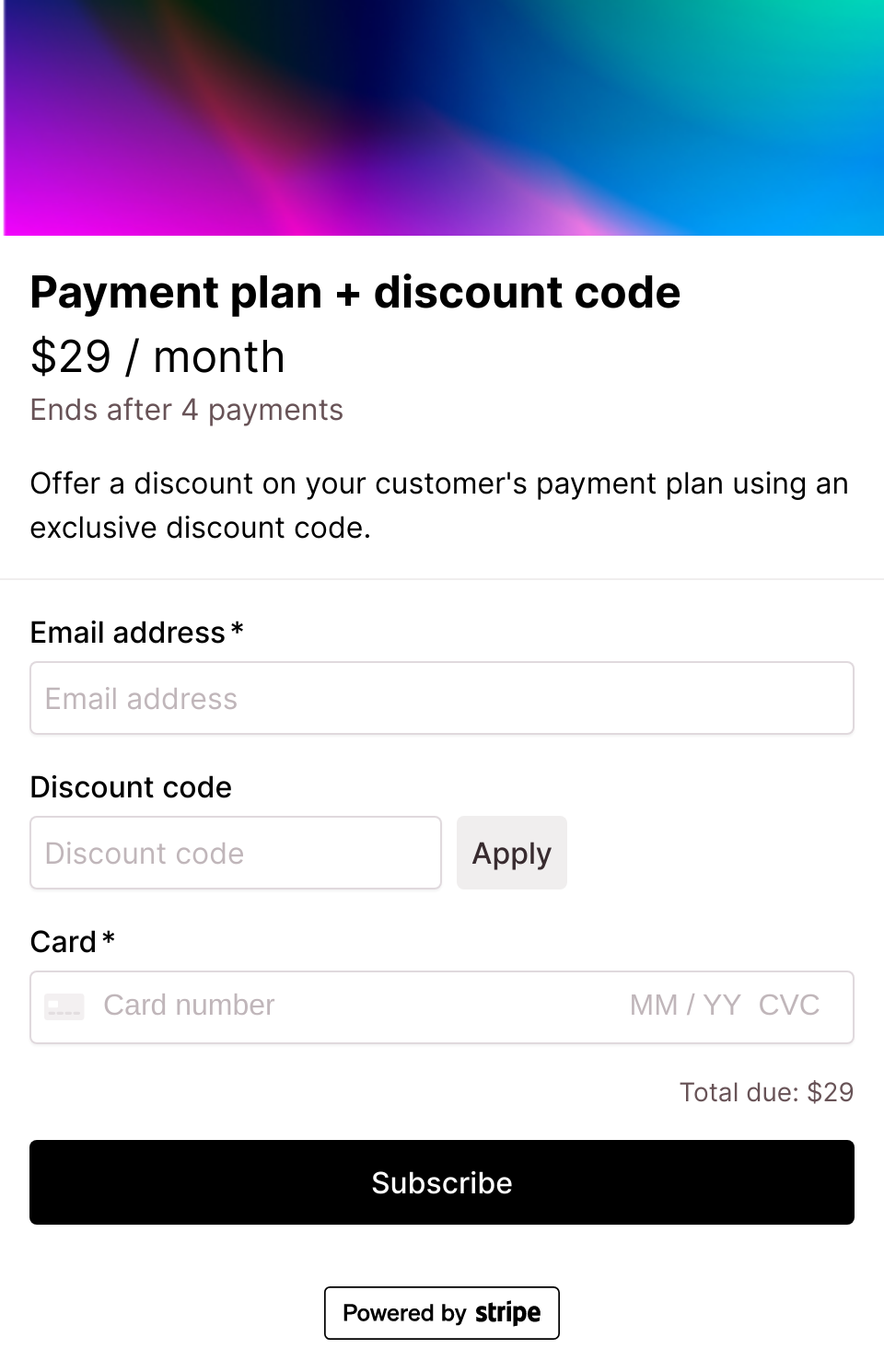 Payment plan with coupon code checkout form