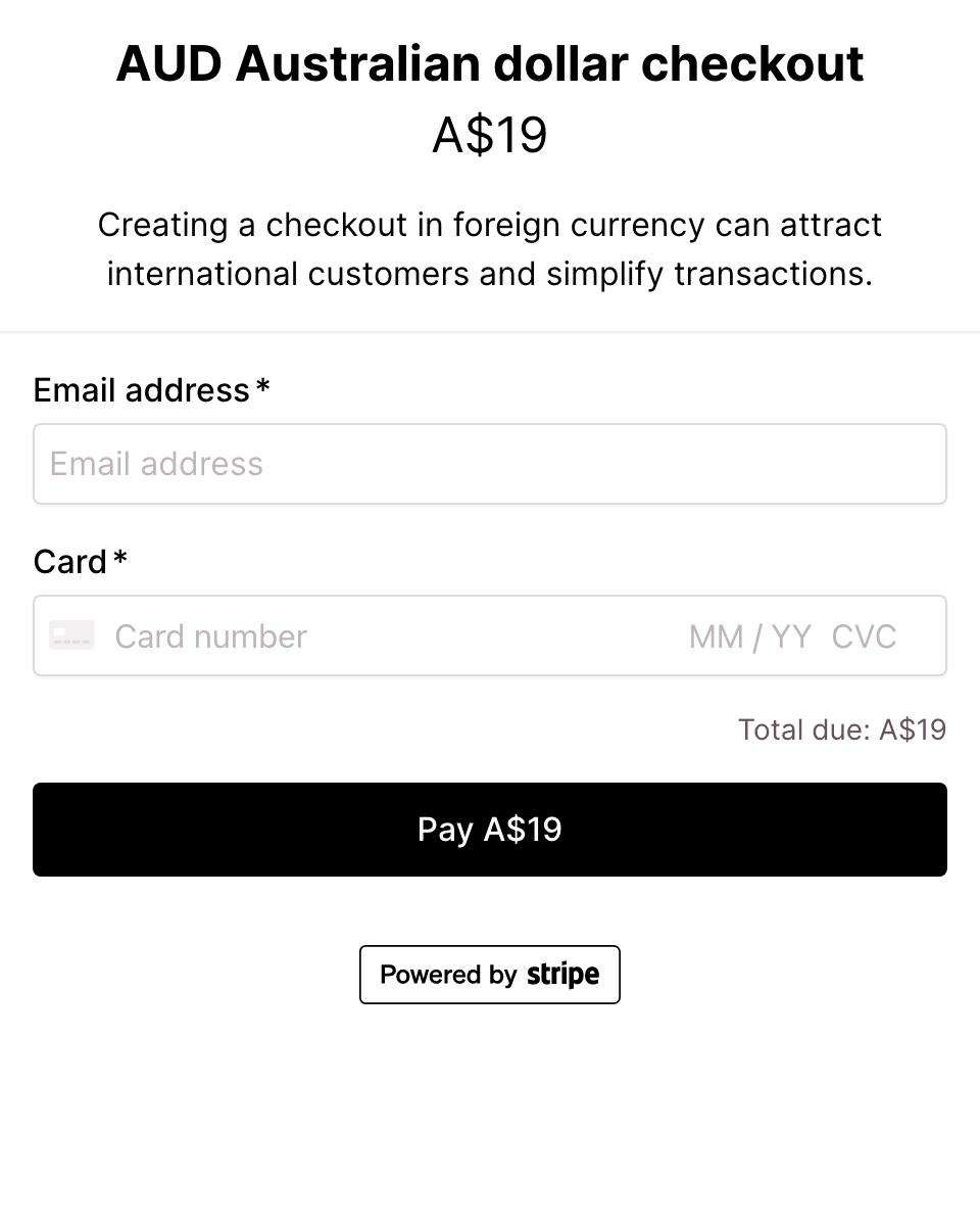 AUD Australian dollar - Currency checkout form