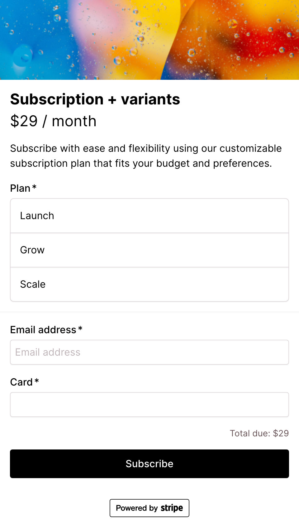 Subscription with product variants checkout form