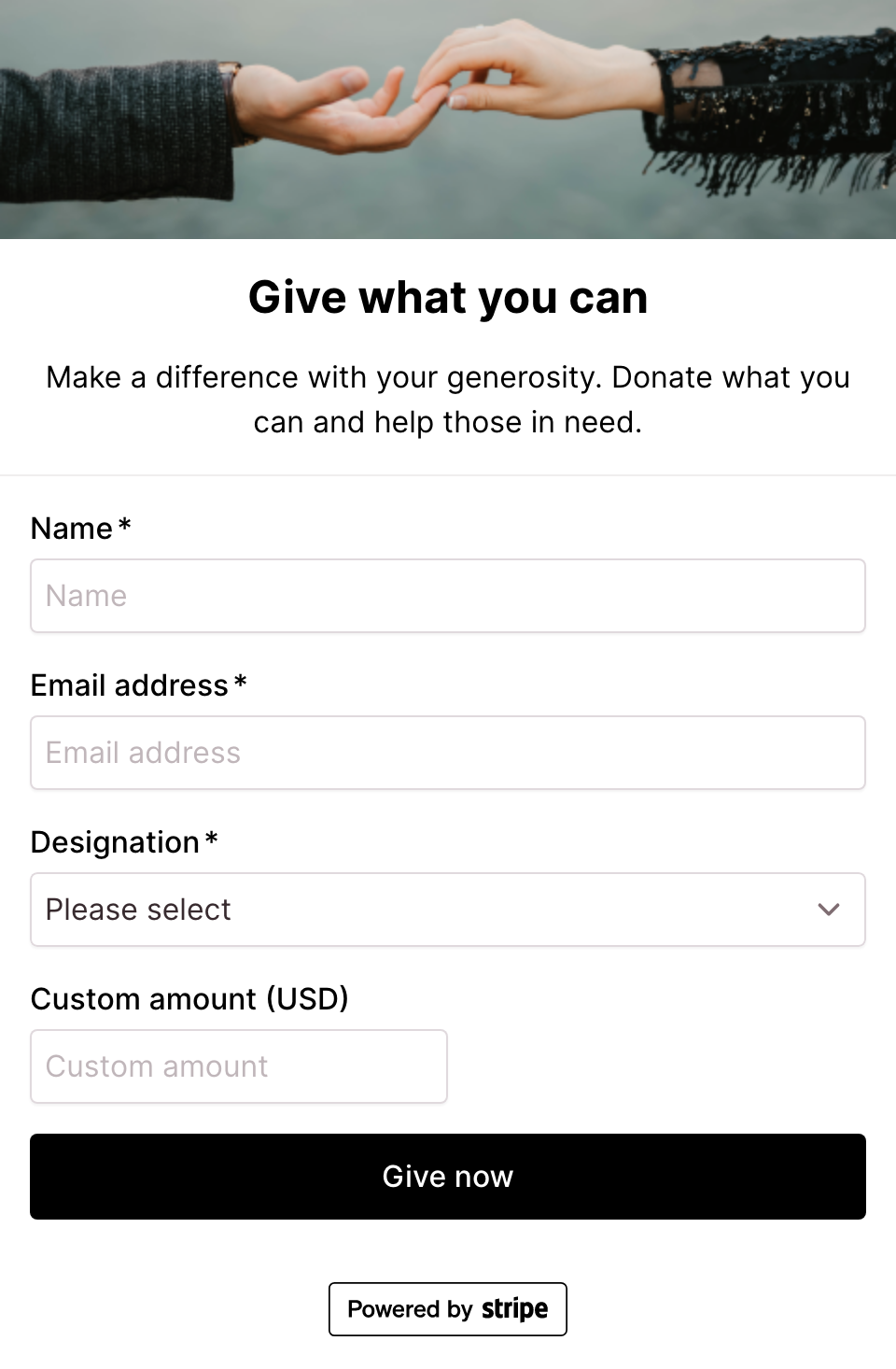 Give what you can (pay what you want) donation form - Stripe donation