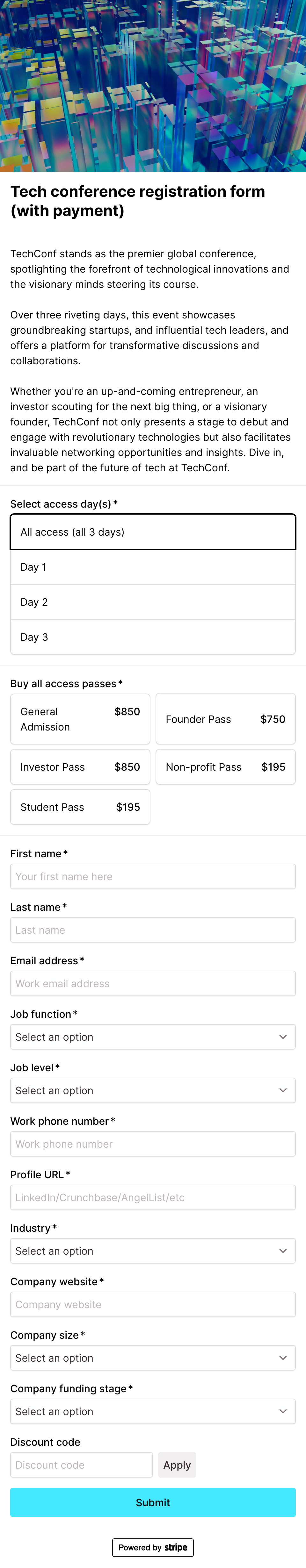 Tech conference registration form (with payment)