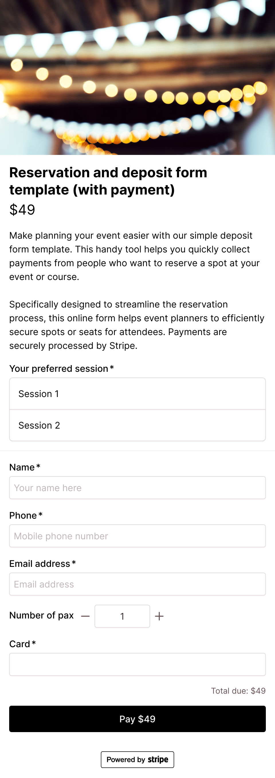 Reservation and deposit form template (with payment)