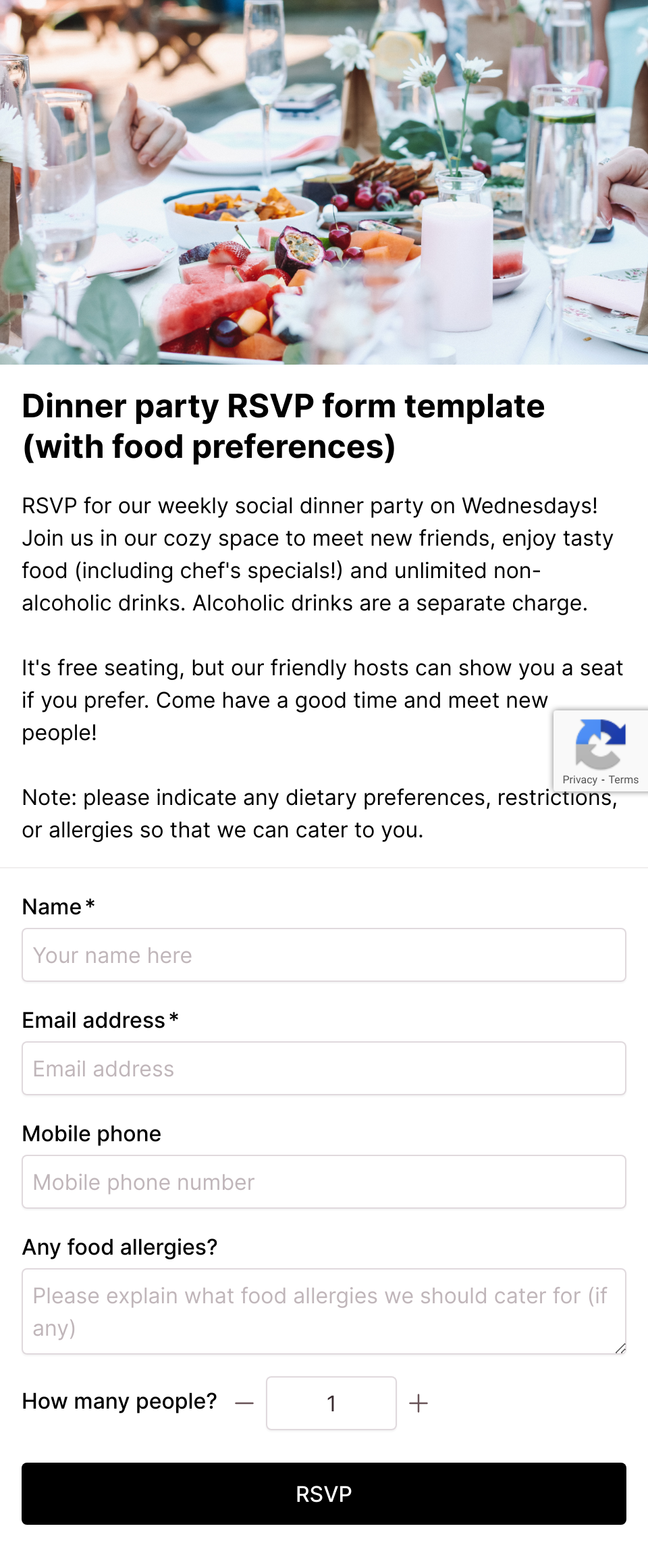 Dinner party RSVP form template